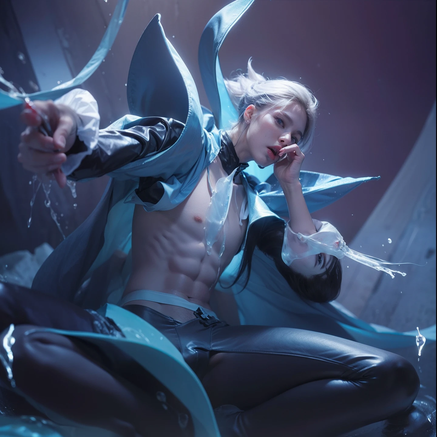 best quality, masterpiece, (photorealistic:1.4), 1boy ,  shirt with collars, waist up, dramatic lighting, from below , handsome, sixpack, charming, cute, white skin, naked,Not wearing underwear , male genitalia exposed, large long veined hard erect male genitalia, white hair, Blue eyes,Body covered with transparent viscous white fluid and sperm, oral sex, sucking male genitalia, water magic ,Cloak made of water, Naked, bare chest,Super tight mini panties , , perfect eyes