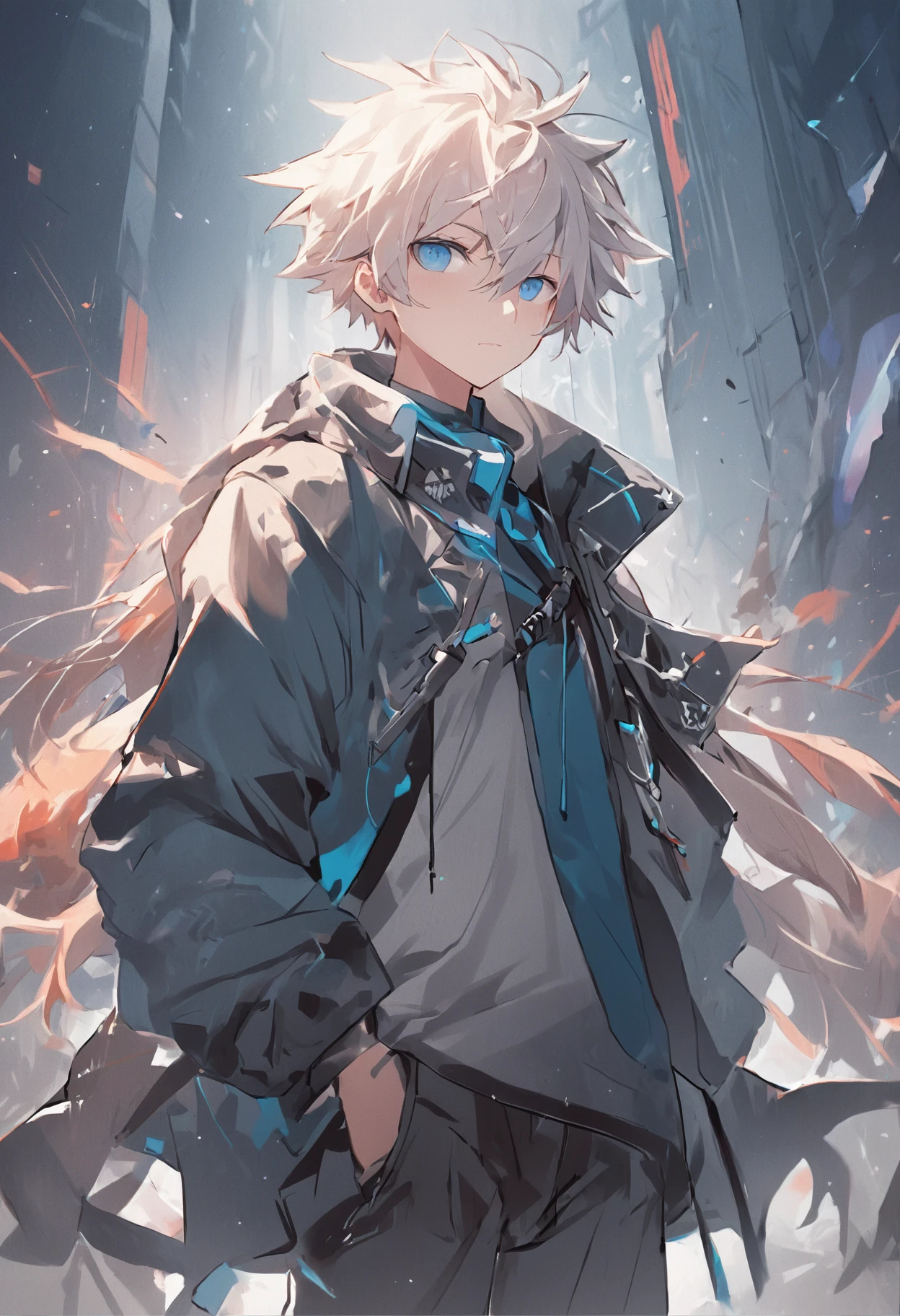 concept art ,looking at viewer,Boy character with white hair and blue eyes, Detailed concept art, ( ( character concept art ) ), from arknights, Official Character Art, expert high detail concept art, soldier outfit, Technical Long Coat, from girls frontline, official concept art、Concept art、upper body、soio