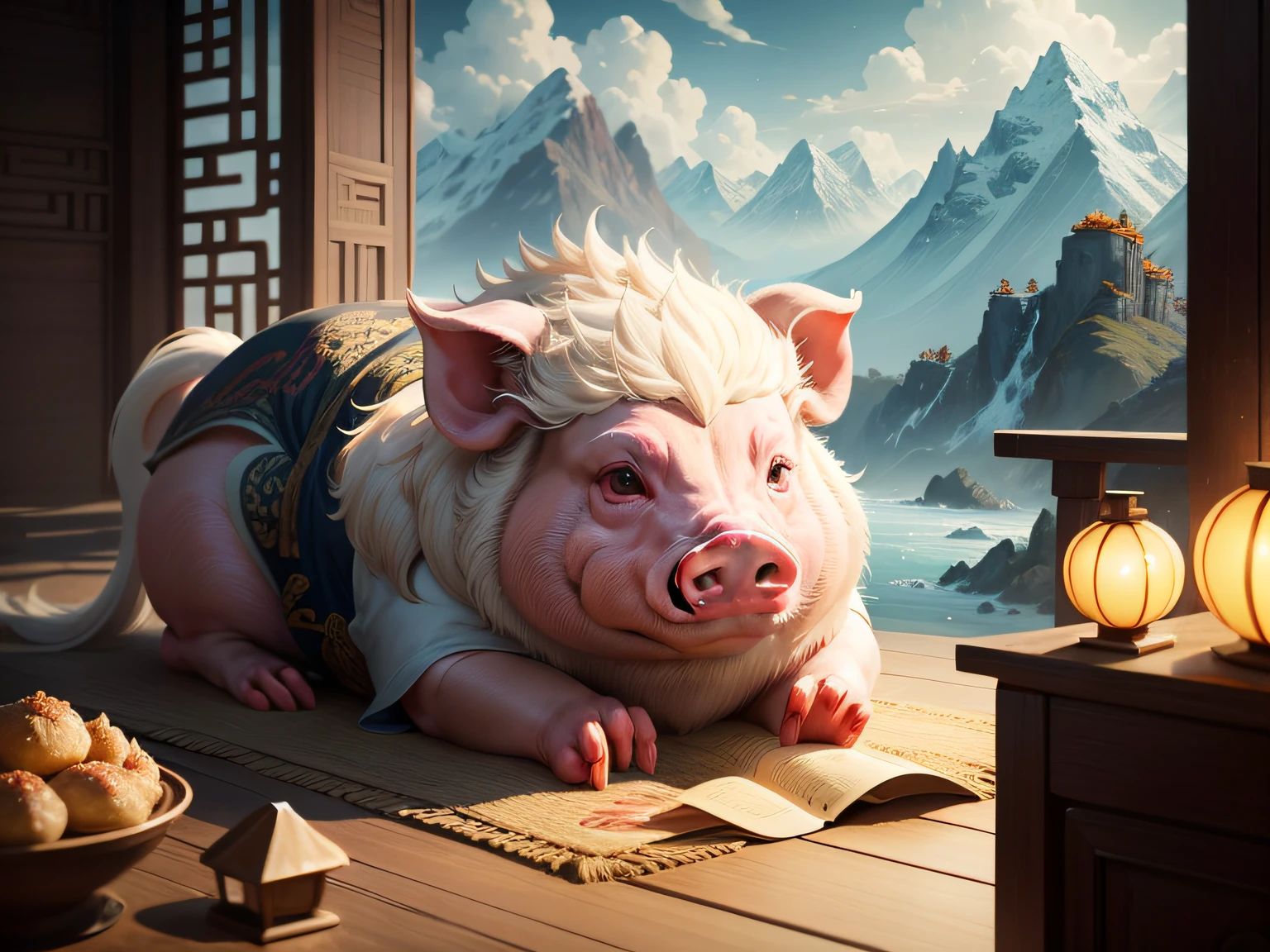 Chinese mythology and stories，Inspired by the Classic of Mountains and Seas，Close-up of a pig with chicken feet