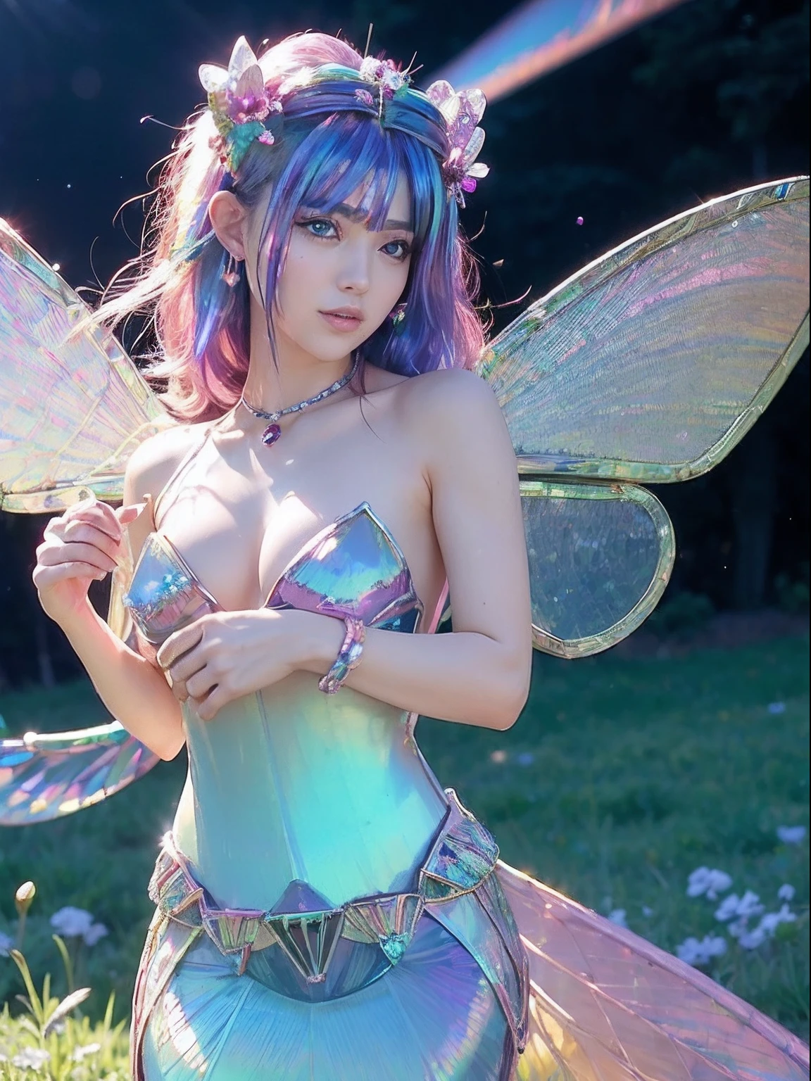 (A smile), Professional , masterpiece、top-quality、photos realistic , depth of fields (Gemstone White Metal Body:1.9),(Matte White Pink、Jewel Gold Weapon、(Gorgeous castle background)、(ultimate beauty girl)、(butterflys々feathered)、(Rainbow fairy wings grow)、Particles of light、(Metal body of iridescent gemstones:1.9),Gorgeous Jewel Metal Weapons ,(maikurobikini)、 Detailed Sword of the Brave ,( Pink hair) ,warhammer 40k , adepta sororitas,Detail and ornate jewel crown、独奏、Brown hair、Mystical expression、cleavage of the breast、(Gangle's forest background)、Beautiful Caucasian beauty、1a person、dynamic ungle,(((Diamond tiara with detail and luxury)))、a small face、Powerful poses、(Gorgeous castle background)、huge filesize、20 year old beautiful woman、Stand in the center of the screen、Thin female fingers、Straight long hair、Beautiful Caucasian beauty、(maikurobikini)、Hair fluttering in the wind、Look at viewers、(Armpit)、Toostock、