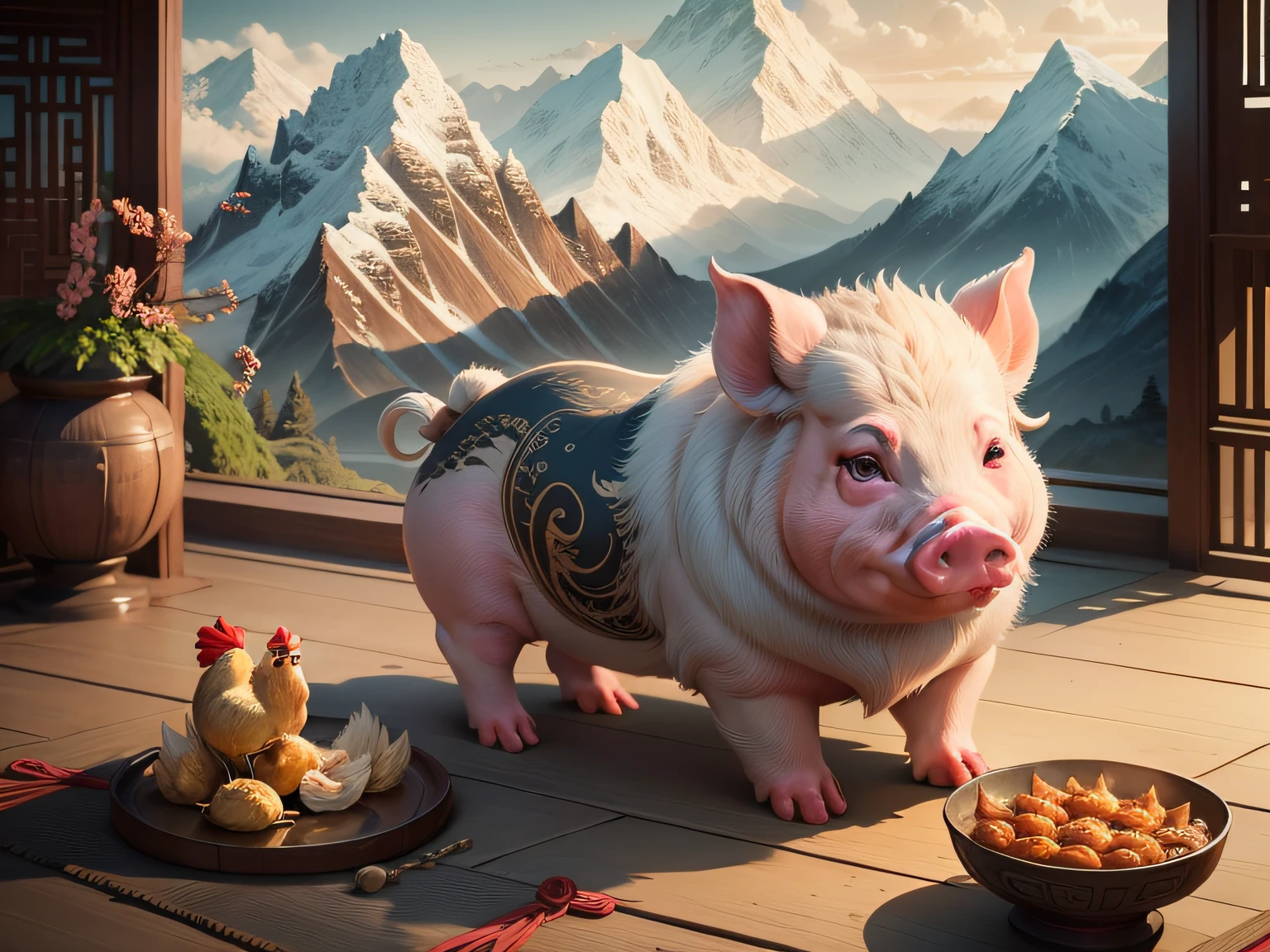 Chinese mythology and stories，Inspired by the Classic of Mountains and Seas，Close-up of a pig with chicken feet