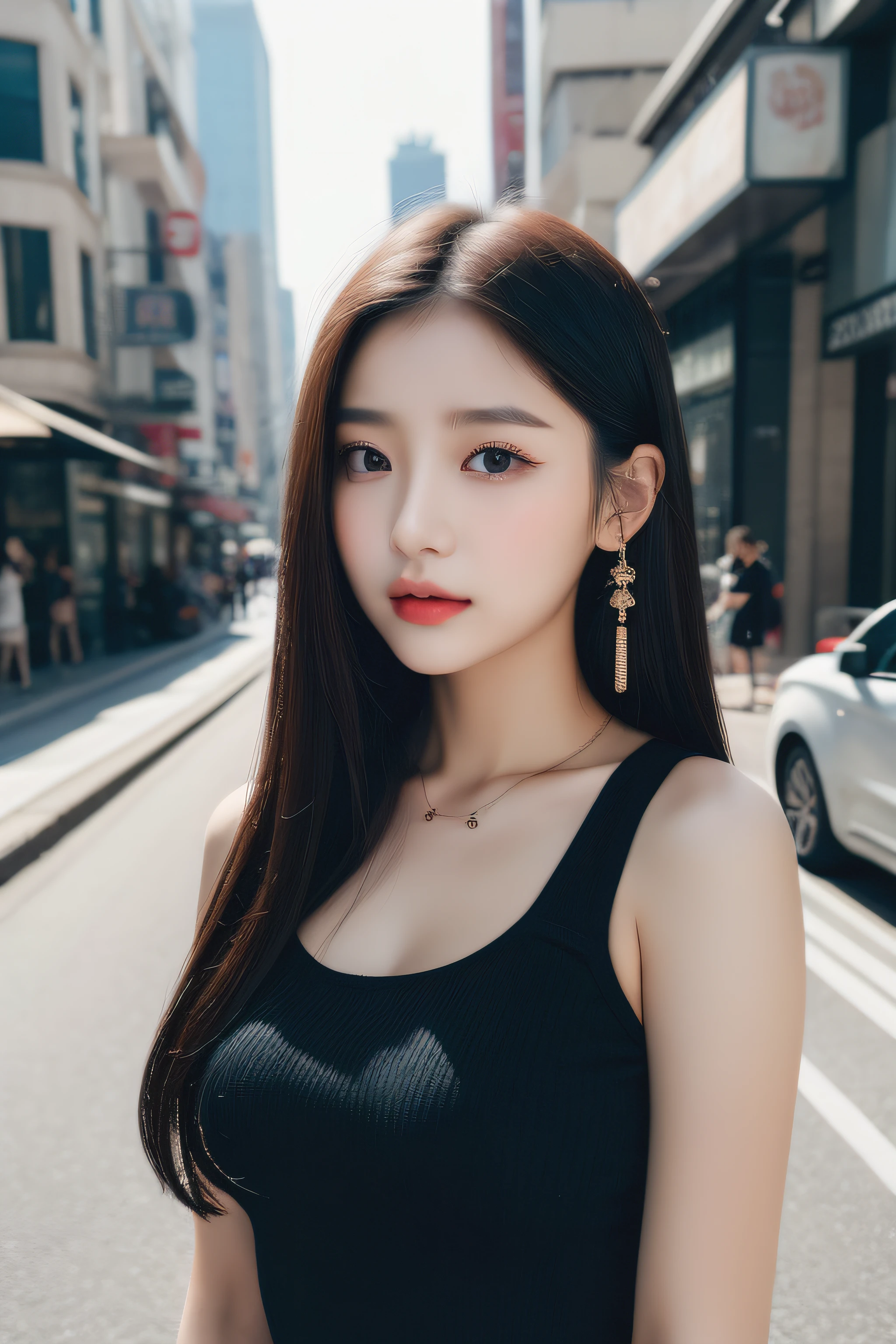 Close up portrait of woman in black dress on city street, Korean Girl, beautiful Korean women, Gorgeous young Korean woman, Beautiful young Korean woman, Beautiful Asian Girl, Korean Woman, 19-year-old girl, Lovely woman, trending at cgstation, ulzzangs, 奈良美智, Chinese girl、Shoulder out、valley、large full breasts