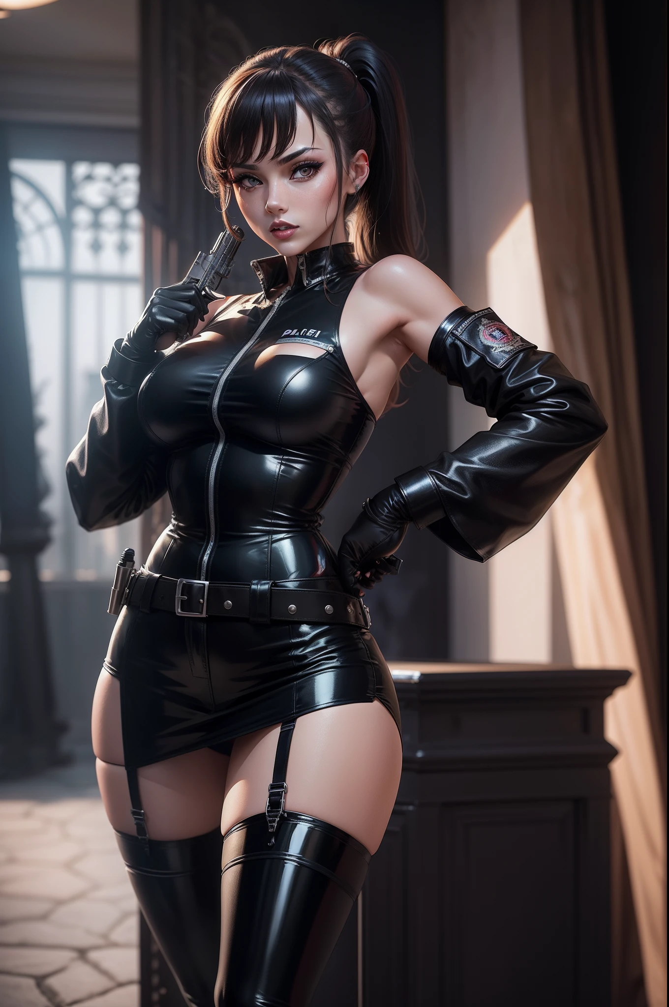 there is a woman with dark wavy hair and a chain around her neck, sultry digital painting, sultry expression, daz3d, daz 3 d, daz 3d, dark purple hair and cybernetics, seductive expression, photorealistic artstyle, glamorous tifa lockheart, aetherpunk airbrush digital art, with long hair and piercing eyes, light brown skin, tanned skin, brown skinned, wearing leather pants and knee high boots, hell them, holding a battle axe