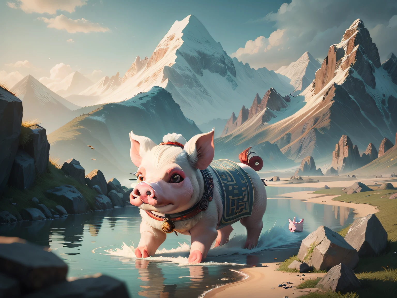 Chinese mythology and stories,Inspired by the Classic of Mountains and Seas,Close-up of a pig with chicken feet