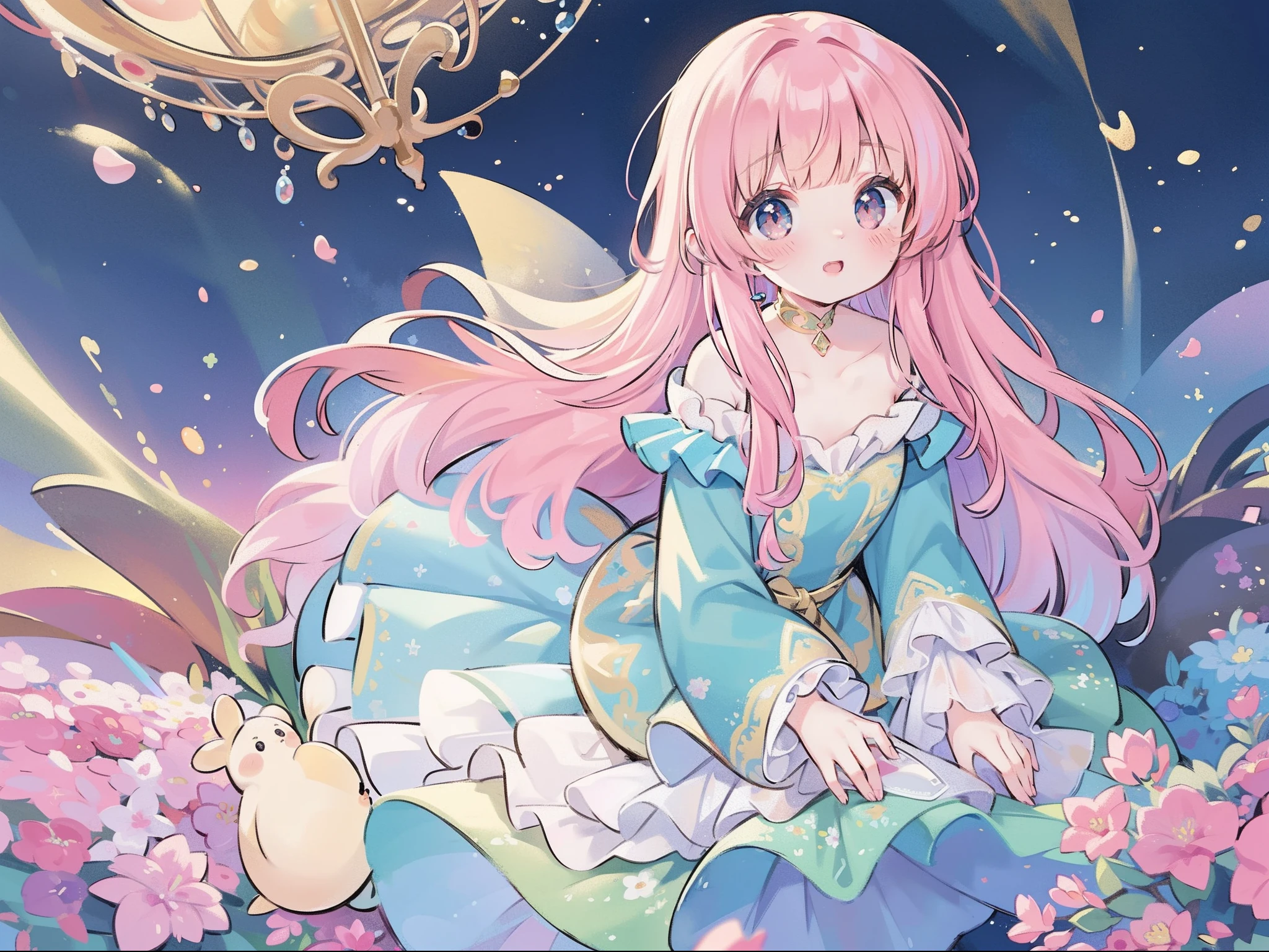 masterpiece, best quality, 8k resolution, sharp focus, intricate detail, beautiful girl, sparkling eyes, golden ratio face, otherworldly liquid, watercolor, sunset colors, bright colors, whimsical, colorful, sharp focus, high resolution, fine detail, ((layered tiered puffy long sleeves ballgown)), ((round eyes)), iridescent bubbles, fantasia background