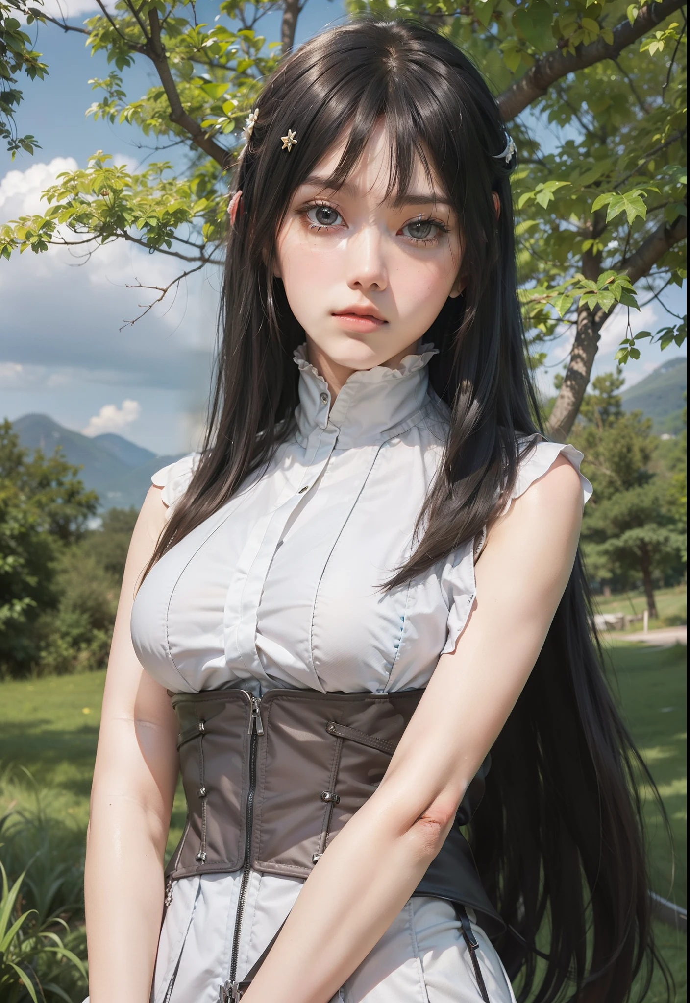 real life adaption of this character,her name is hinata Hyuga from anime Naruto,Realistic the back of the long hair is cut neatly and the front has bangs hair covered forehead,realistic outfit same patter,(waist corset brown color),Japanese  beauty face ,realistic light,realistic shadow,realistic background,realism,(photorealistic:1.2),(Bangs hair covered forehead)