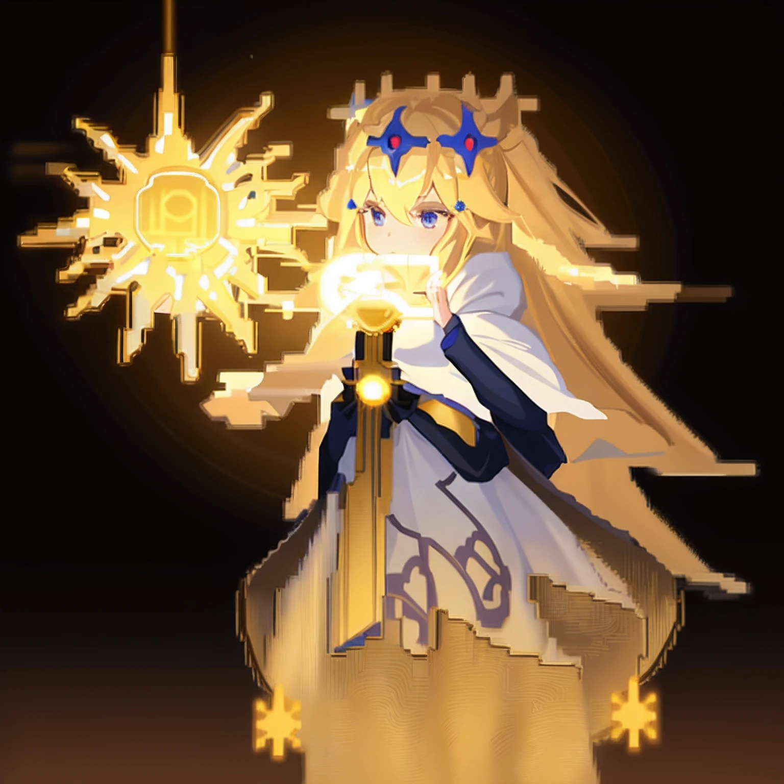 A person holds a close-up of a star on a black background, marisa kirisame, visual novel sprite, Goddess of the sun, as the goddess of the sun, gear aurora, Goddess of Light, angelic golden armor, a golden halo, gilded black uniform, Evil Goddess, queen of blades, sprite 2 d, Anime goddess, kirisame marisa