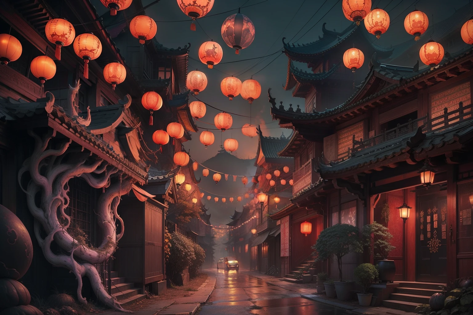 Chinese Ghost Festival，Middle Metaverse，The breath of a ghost，The streets at night，Chinese lanterns hanging from Chinese-style houses on both sides of the street，Spooky branch texture，Detailed depiction of Chinese lanterns，arte de terror，Funk，Unified 8K wallpapers，ultra - detailed，Beauty and aesthetics，tmasterpiece，Best quality at best，（zentangle，datura，Tangles，entangled：0.5）Creepy weirdness，terroral，horrid，horrid，horrid，真实感，by bruce pennington，author：Giger, tsutomu nihei, wayne barlowe, Zdzislaw Beksinski, rendering by octane, art  stations, 8K, CGSesociety, cinematic ligh, high detal, wide - angle shot, iintricate