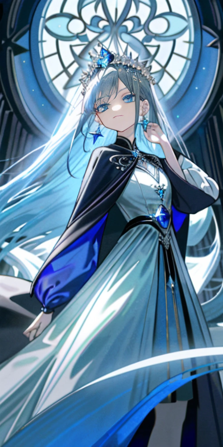 (Masterpiece, Best quality)Pale blue hair,Blue rose and moon accessories,Silver crossed earrings,Set with rubies,blue color eyes,divinity,become indifferent,apathy,Kizi,dishiveredhair,expressiveless,evening formal robes,One-sided earrings,Star sapphire