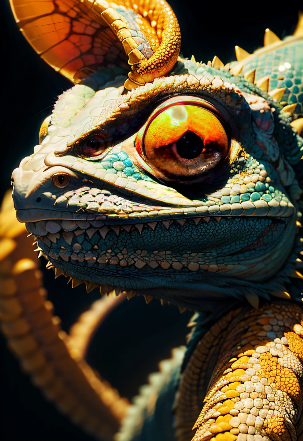 masterpiece、top-quality、top-quality、Illustration style、(Closeup photo of artistic colorful chameleon with diamond eyes in the dark)、ighly detailed、colourfull、highestdetailed