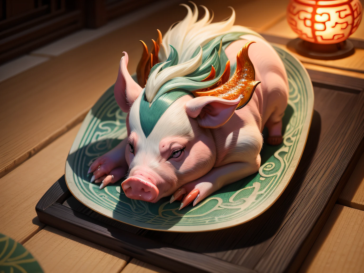 Chinese mythology and stories,Inspired by the Classic of Mountains and Seas,Close-up of a pig with chicken feet