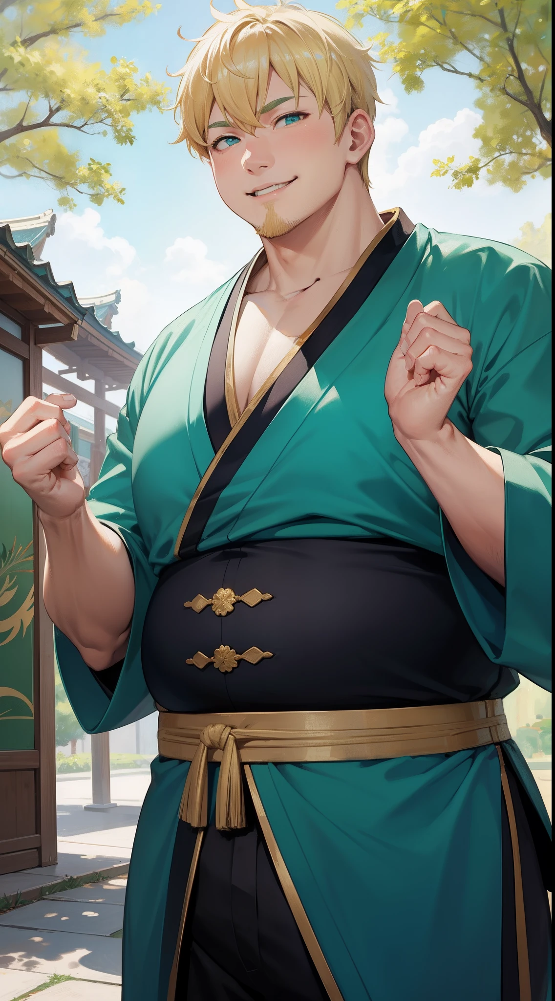 Adult Fat Man, short blonde hair, Cyan eyes, Green Hanfu sleeveless, Drunken Master, Smile, Masterpiece, hiquality