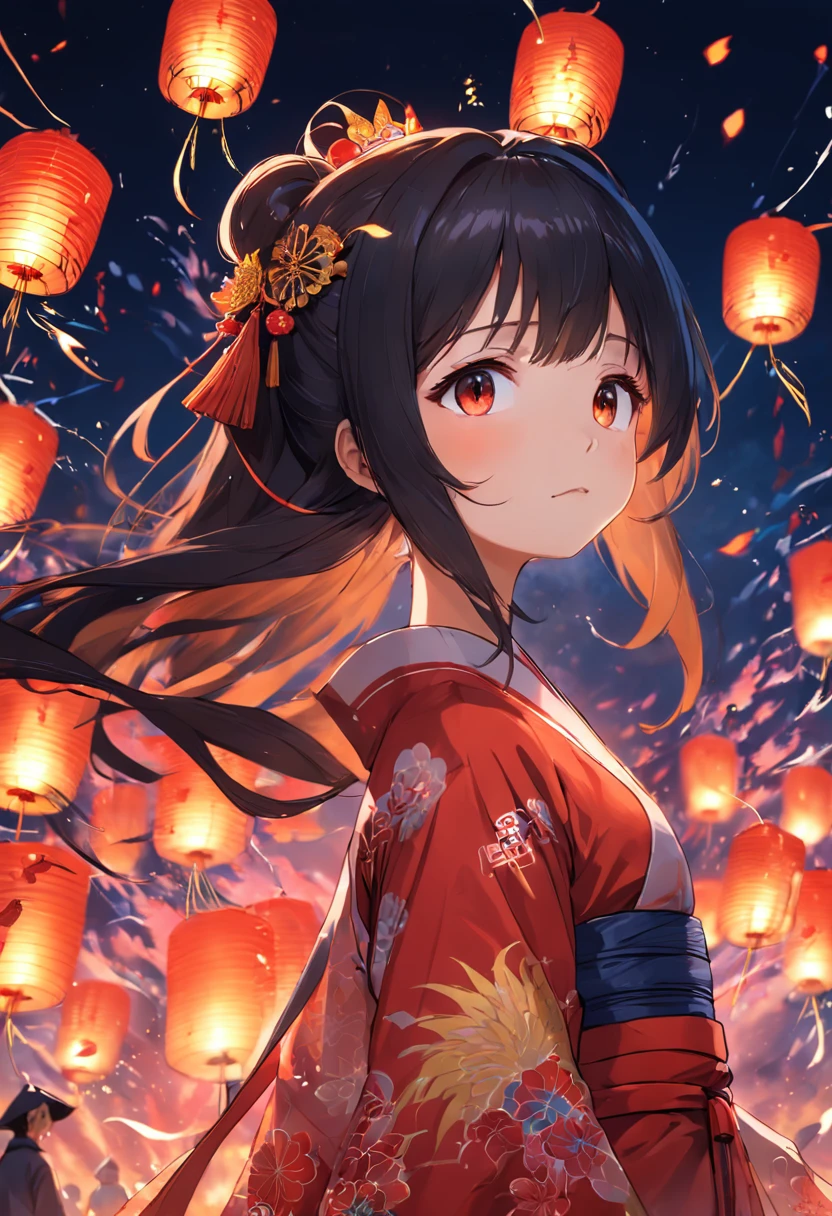 fire works，Absolutely beautiful girl，Hanfu，Vista lanterns