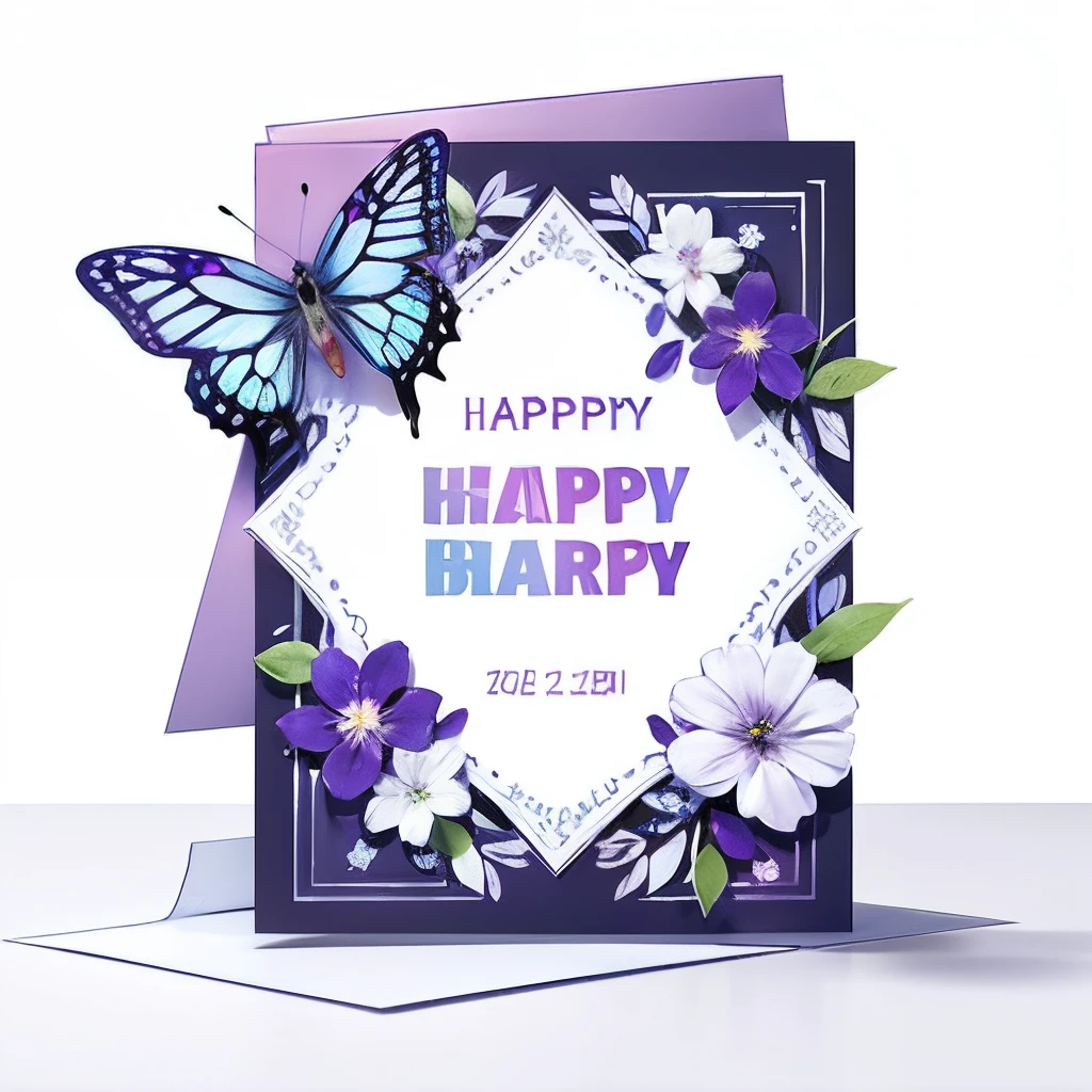 A modern Birthday greeting card design , stylish, violet and white colour, white background,butterfly, realistic, minimal design