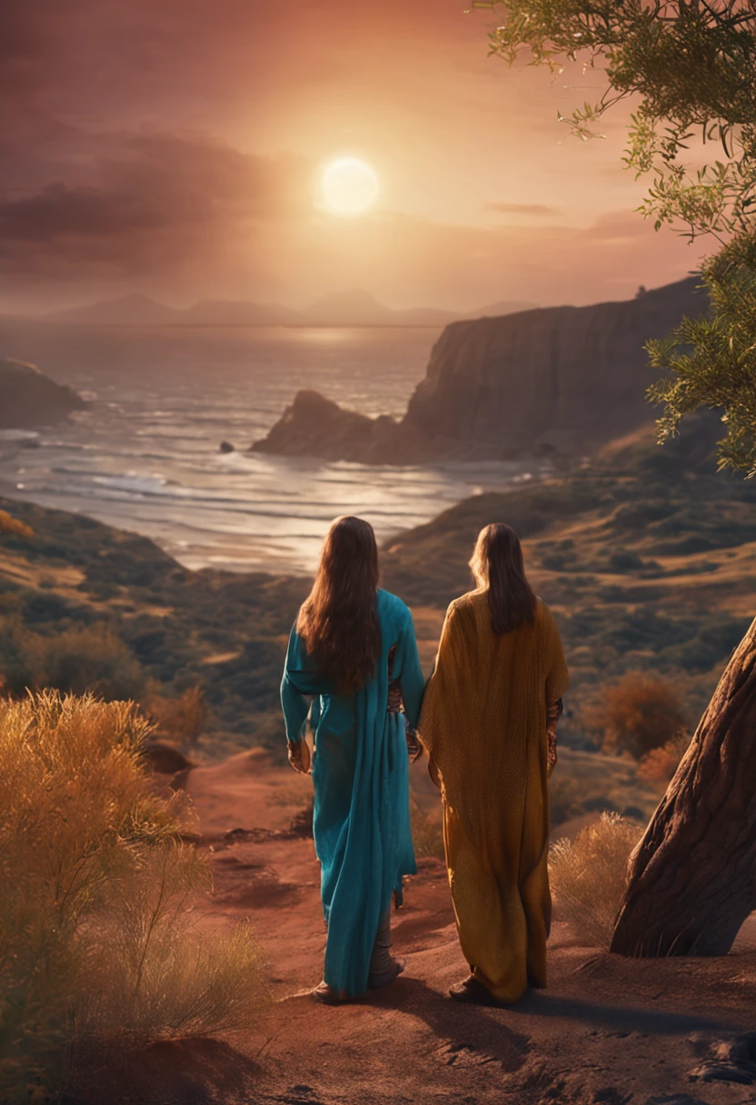 Create a realistic drawing image of the biblical characters Ruth and Naomi together as friends