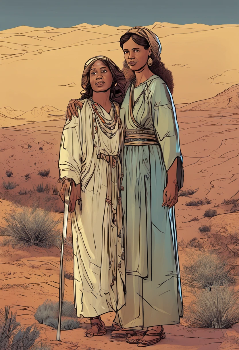 Create a realistic drawing image of the biblical characters Ruth and Naomi together as friends