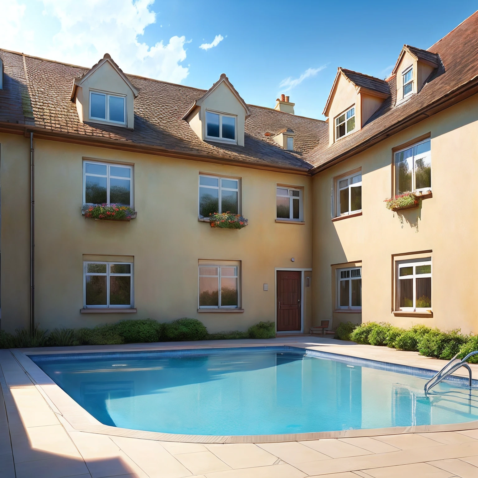 Draw a picture of a three-storey building with a beautiful large yard and a swimming pool