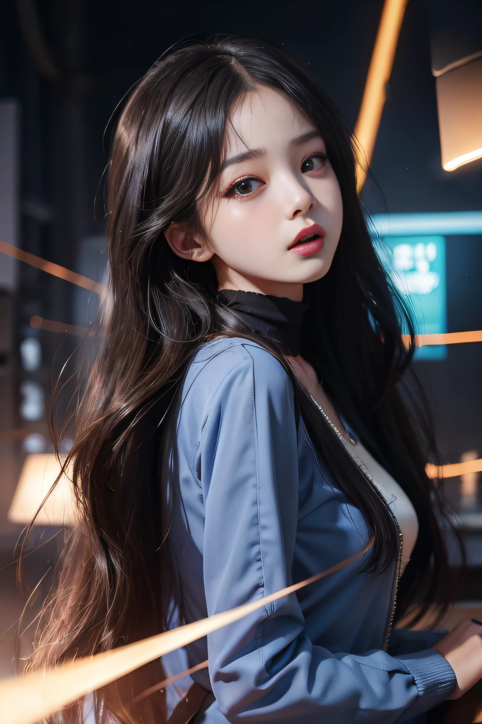 A woman with long hair and a blue shirt posing for a picture - SeaArt AI