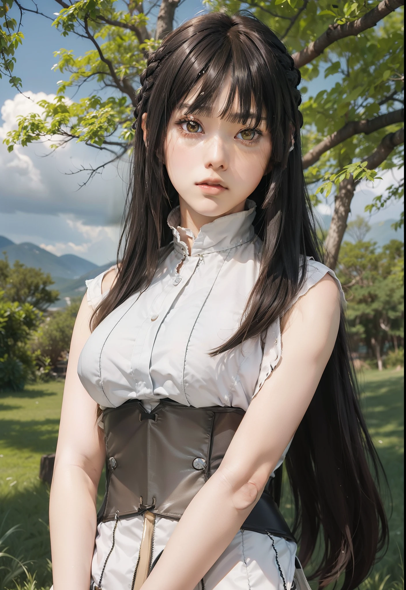 real life adaption of this character,her name is hinata Hyuga from anime Naruto,Realistic the back of the long hair is cut neatly ,,realistic outfit same patter,(waist corset brown color),Japanese teen beauty face ,realistic light,realistic shadow,realistic background,realism,(photorealistic:1.2),((Bangs hair neatly cut:1.6))