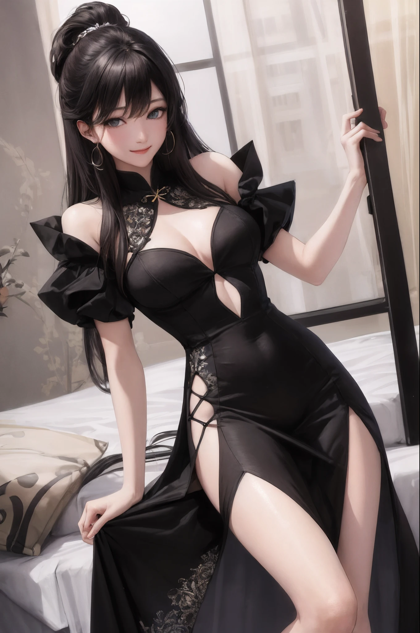 best qualityer,tmasterpiece,超高分辨率,(realisticlying:1.4)near bed,ung beauty,黑The eye,Look at the audience with a smile,cabelos preto e longos,tiny ears,are standing,Bigchest,Slim,Long legs,Expose legs and feet,Wear a dress,Sexy and cute,二重まぶた,The face is delicate,Good looking eyes,No ornaments,full bodyesbian