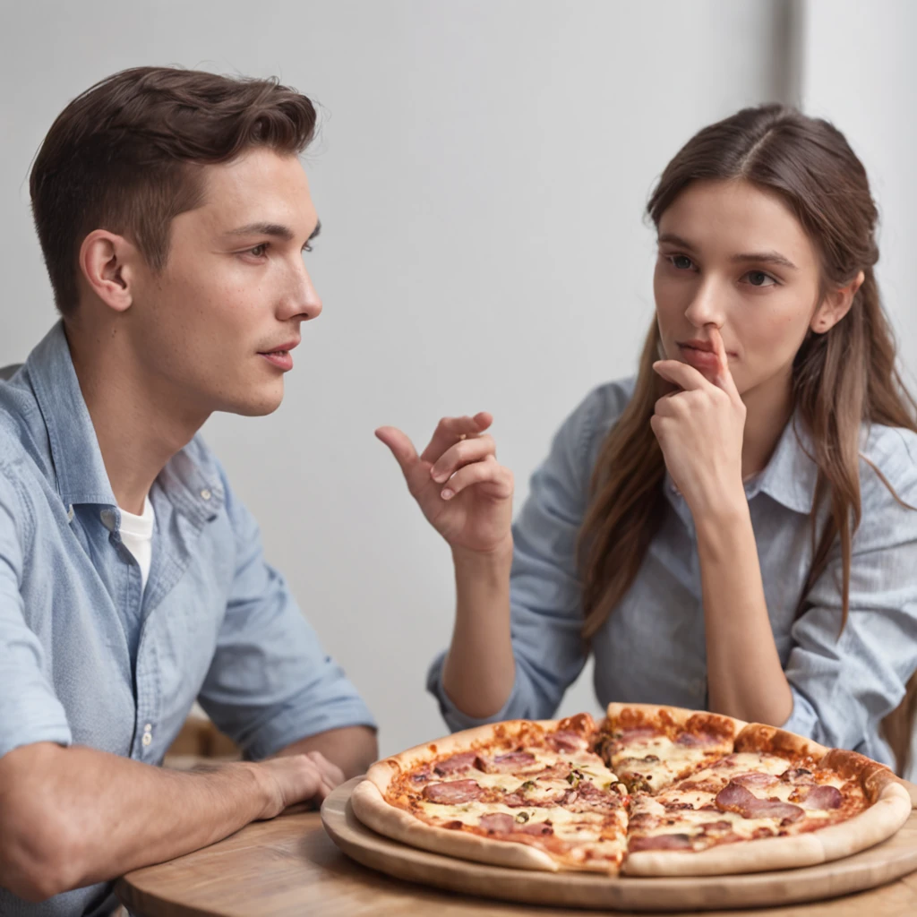 (men talking:1.2,women talking:1.2,pizza on table),(restaurant background,table with checkered cloth:0.9),(soccer t-shirts:0.9,dressing soccer t-shirts:1.1),(3 men,1 woman),(pt)