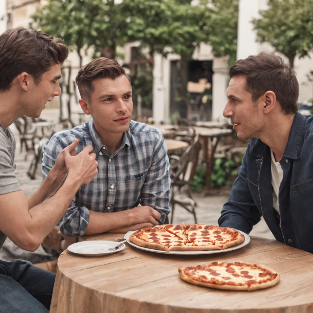 (men talking:1.2,women talking:1.2,pizza on table),(restaurant background,table with checkered cloth:0.9),(soccer t-shirts:0.9,dressing soccer t-shirts:1.1),(3 men,1 woman),(pt)