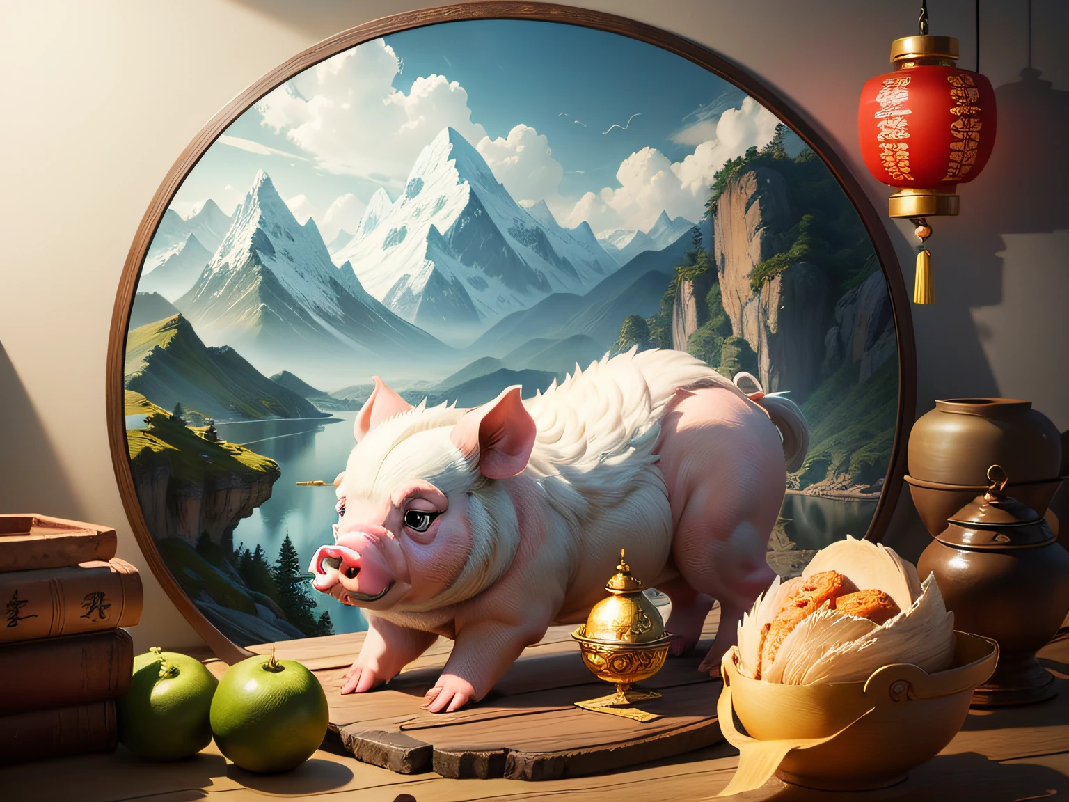 Chinese mythology and stories,Inspired by the Classic of Mountains and Seas,Close-up of a pig with chicken feet