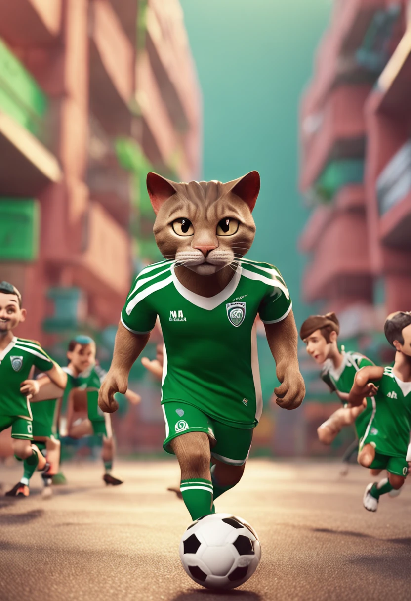 Make a cat playing soccer at the Maracanã in realistic style and wearing the uniform of Palmeiras