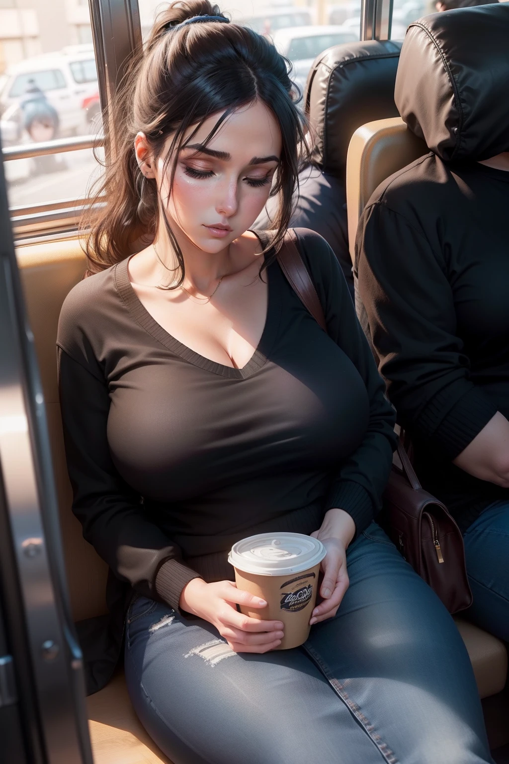 1 beautiful, adult woman, large body, ponytail, outlined eyelids, black T-shirt, plaid sweater, cleavage, blue jeans, black boots, sleeping sitting on the bus, brown bag, mouth open, eyes closed.