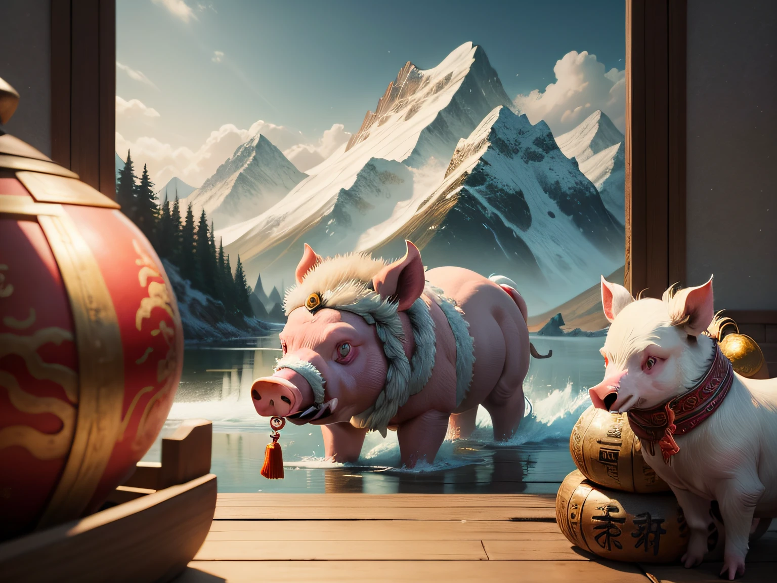 Chinese mythology and stories,Inspired by the Classic of Mountains and Seas,Close-up of a pig with chicken feet