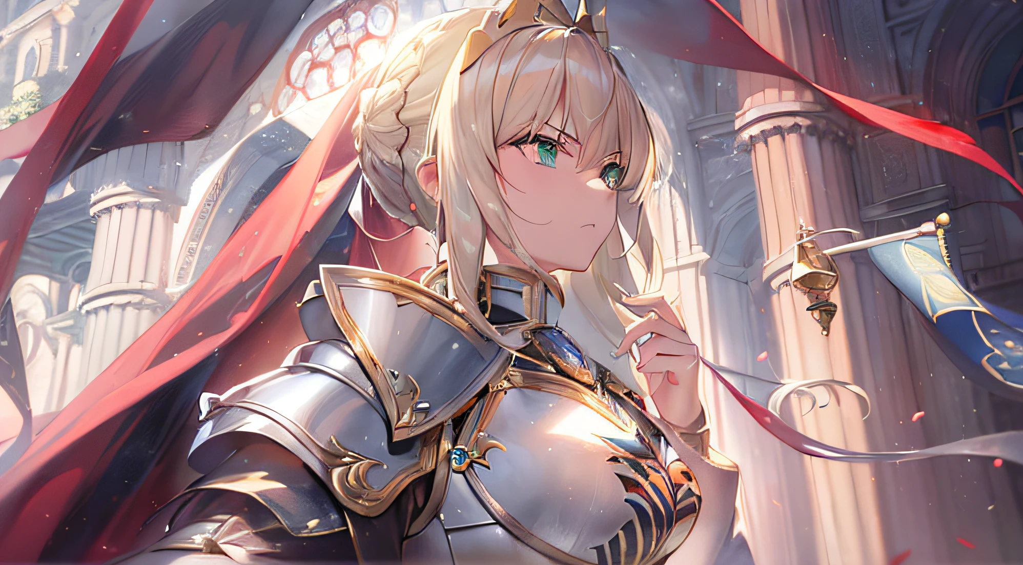 ((Best quality, 8K, Masterpiece: 1.4)),((Amazing detail: 1.3)),((illustration, Hairstyle Casual: 1.2)),((high resolution: 1.1)), 1girll, Artoria Pendragon, Silver armor, Green eyes, flag, holding flag, medieval, Victorian, Divine, saber(fate/Grand Order), baozi, Golden hair, Combat posture, Soft light, Cinematic lighting, Chiaroscuro, Angry, Amazing art of painting,golden hair,