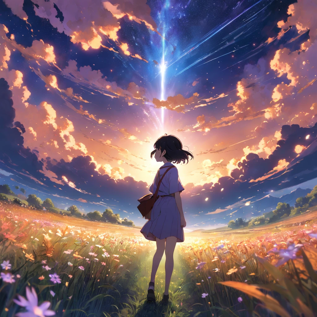 Makoto Shinkai, expansive landscape photograph , (a view from below that shows sky above and open field below), a girl standing on flower field looking up, (full moon:1.2), ( shooting stars:0.9), (nebula:1.3), distant mountain, tree BREAK production art, (warm light source:1.2), (Firefly:1.2), lamp, lot of purple and orange, intricate details, volumetric lighting BREAK (masterpiece:1.2), (best quality), 4k, ultra-detailed, (dynamic composition:1.4), highly detailed, colorful details,( iridescent colors:1.2), (glowing lighting, atmospheric lighting), dreamy, magical, (solo:1.2)