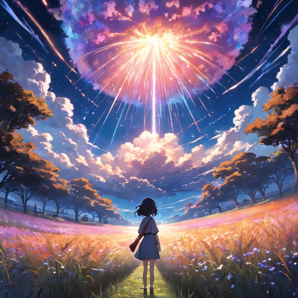 Makoto Shinkai, expansive landscape photograph , (a view from below that shows sky above and open field below), a girl standing on flower field looking up, (full moon:1.2), ( shooting stars:0.9), (nebula:1.3), distant mountain, tree BREAK production art, (warm light source:1.2), (Firefly:1.2), lamp, lot of purple and orange, intricate details, volumetric lighting BREAK (masterpiece:1.2), (best quality), 4k, ultra-detailed, (dynamic composition:1.4), highly detailed, colorful details,( iridescent colors:1.2), (glowing lighting, atmospheric lighting), dreamy, magical, (solo:1.2)