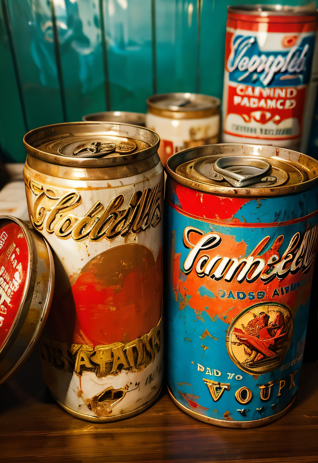 masterpiece、top-quality、top-quality、Andy Warhol、Close-up photo of a rusty Campbell's soup can、ighly detailed、colourfull、highestdetailed、frontage