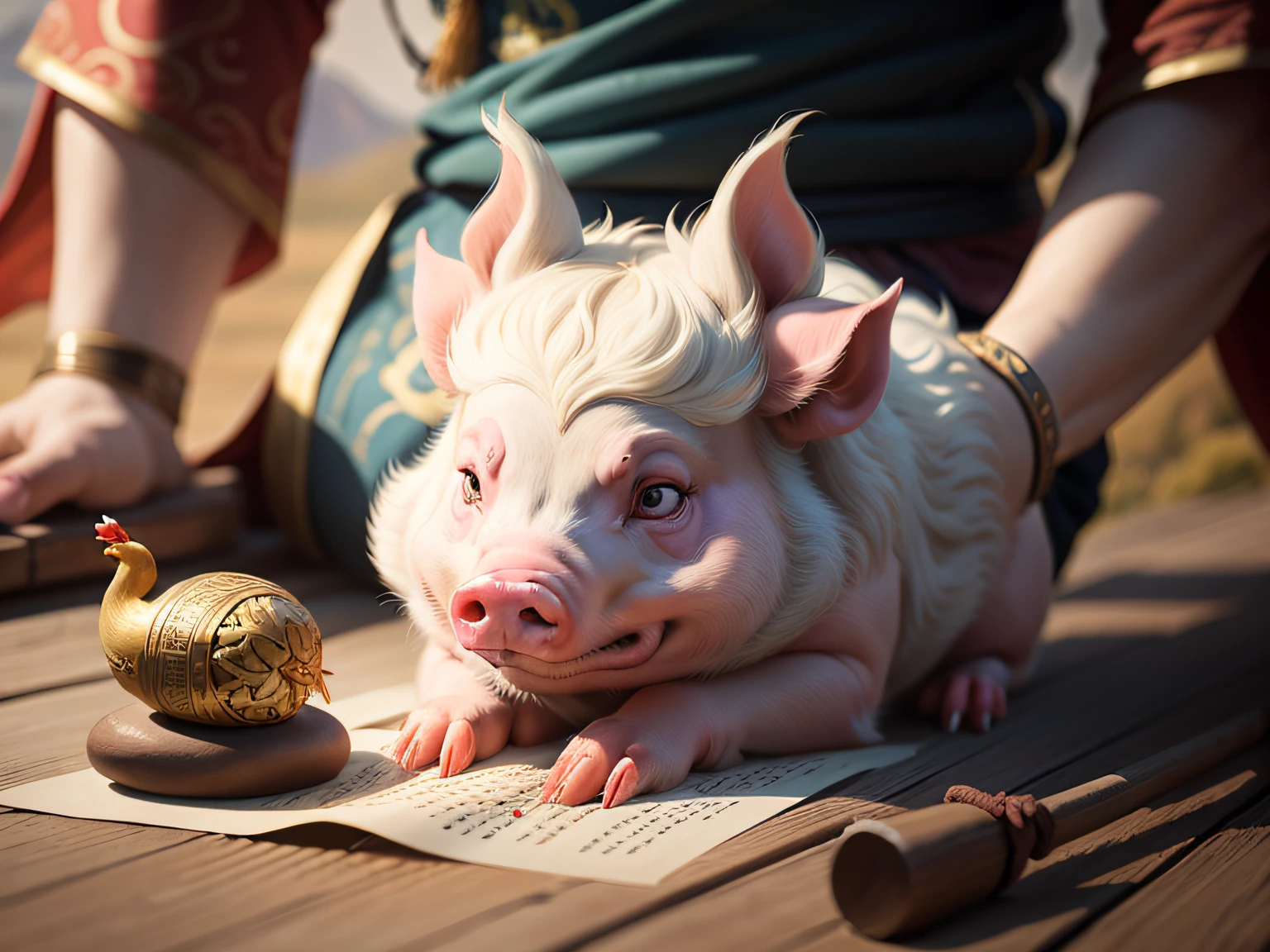 Chinese mythology and stories,Inspired by the Classic of Mountains and Seas,Close-up of a pig with chicken feet