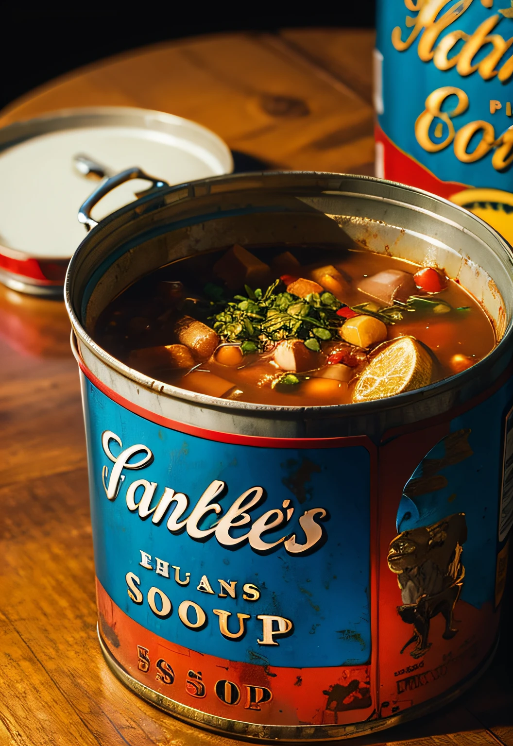 ​masterpiece、top-quality、top-quality、Andy Warhol、Close-up photo of a rusty Campbell's soup can、ighly detailed、colourfull、highestdetailed、frontage