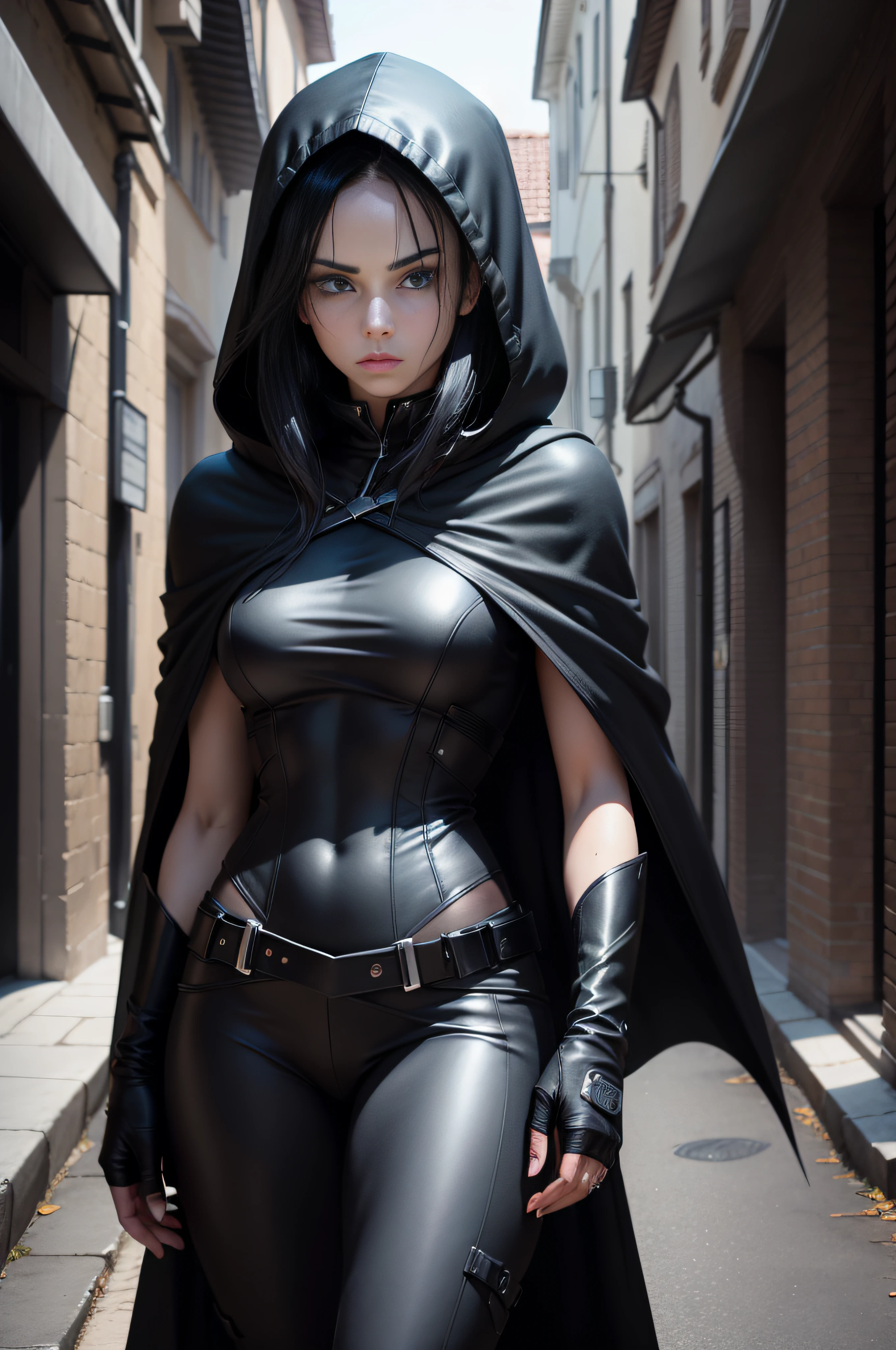 Raven is a character from the Titans who has a gothic style and a serious personality.. Su cabello es morado oscuro, His eyes are blue and his skin is pale. He wears a blue suit with a hood and an “R” on the chest., plus stockings, botas y guantes negros. A veces usa una capa larga y flotante.