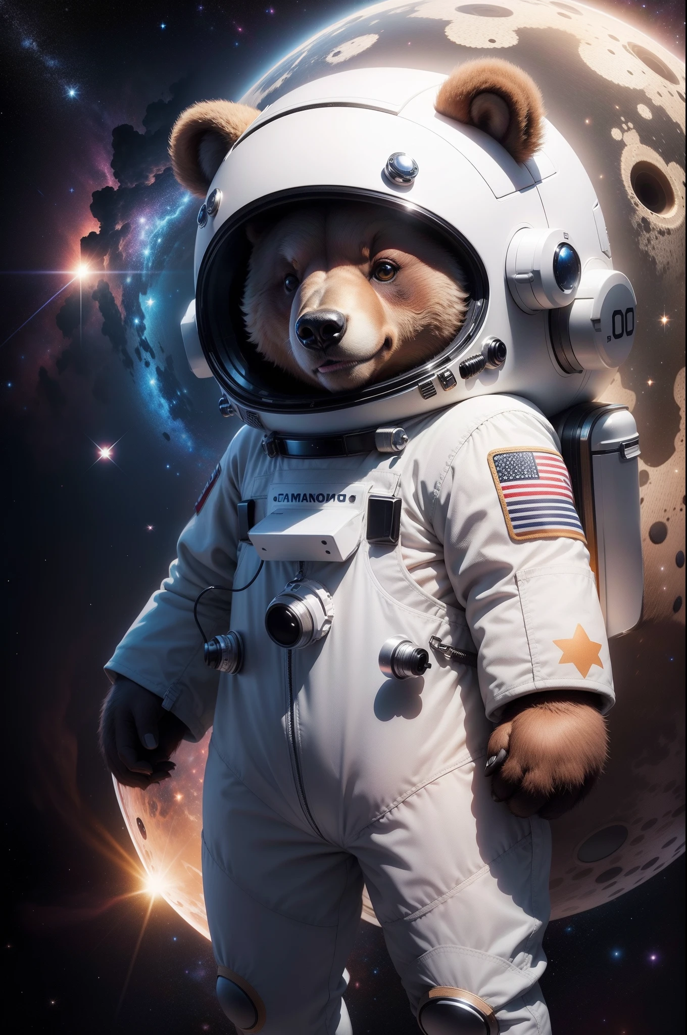 Create an image of a cute bear in a spacesuit in a galaxy with stars in high definition