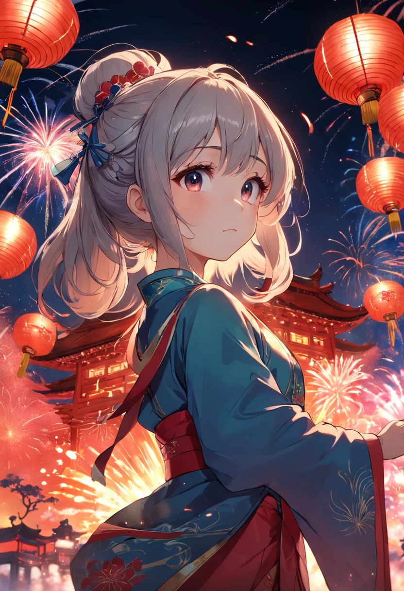 fire works,Absolutely beautiful girl,laughingly,Hanfu,Vista lanterns