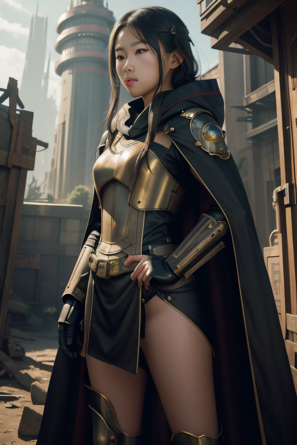 1 girl, young, , Asian, full body from head to toe, Realistic, Realistic face, worried, looks over shoulder, side lighting, wallpaper, looks at viewer, futuristic steampunk buildings in background, Long cape and hood, earth ground, exterior, hold a crossbow, fight steampunk robots, dragon logo,