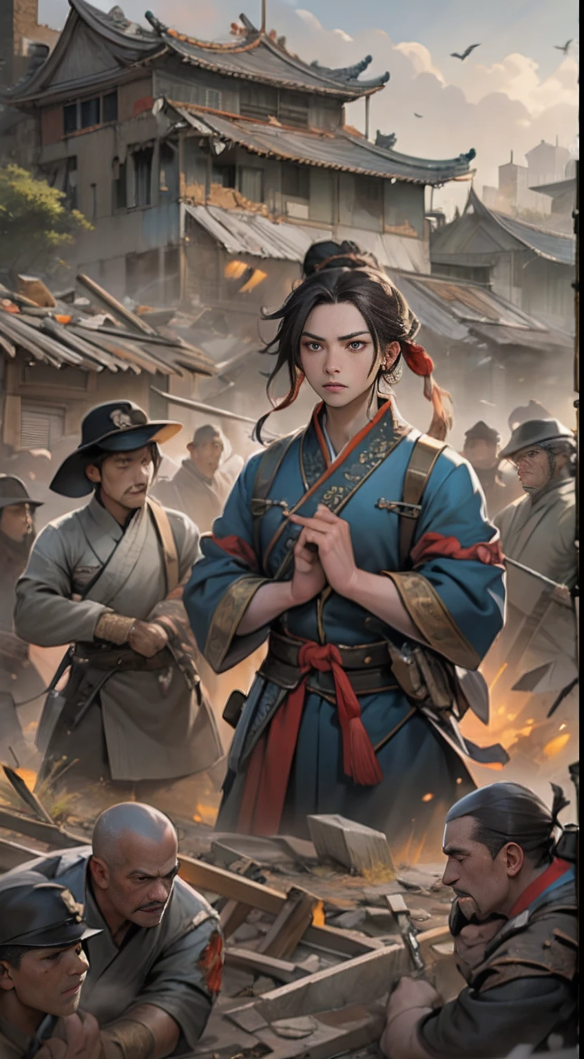 Yuan Jie and others realize the unfavorable situation, proposing to end the battle and retreat in the face of powerful enemies, leurs expressions solennelles, Eyes revealing helplessness and disappointment, A war-torn battlefield with broken buildings and debris in the background, , 32K, Best quality, Masterpiece, super detail, High Details