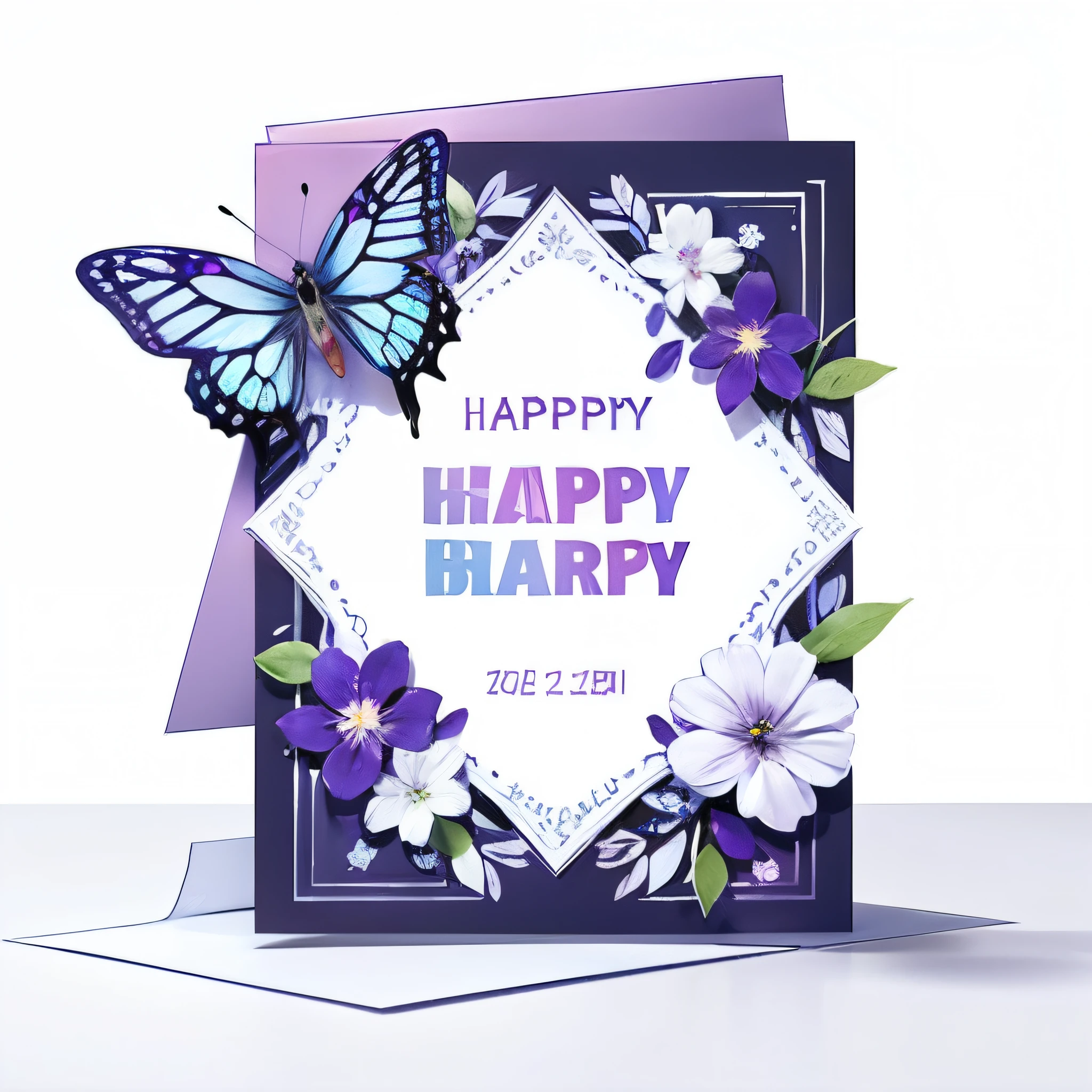 A modern Birthday greeting card design , stylish, violet and white colour, white background,butterfly, realistic, minimal design