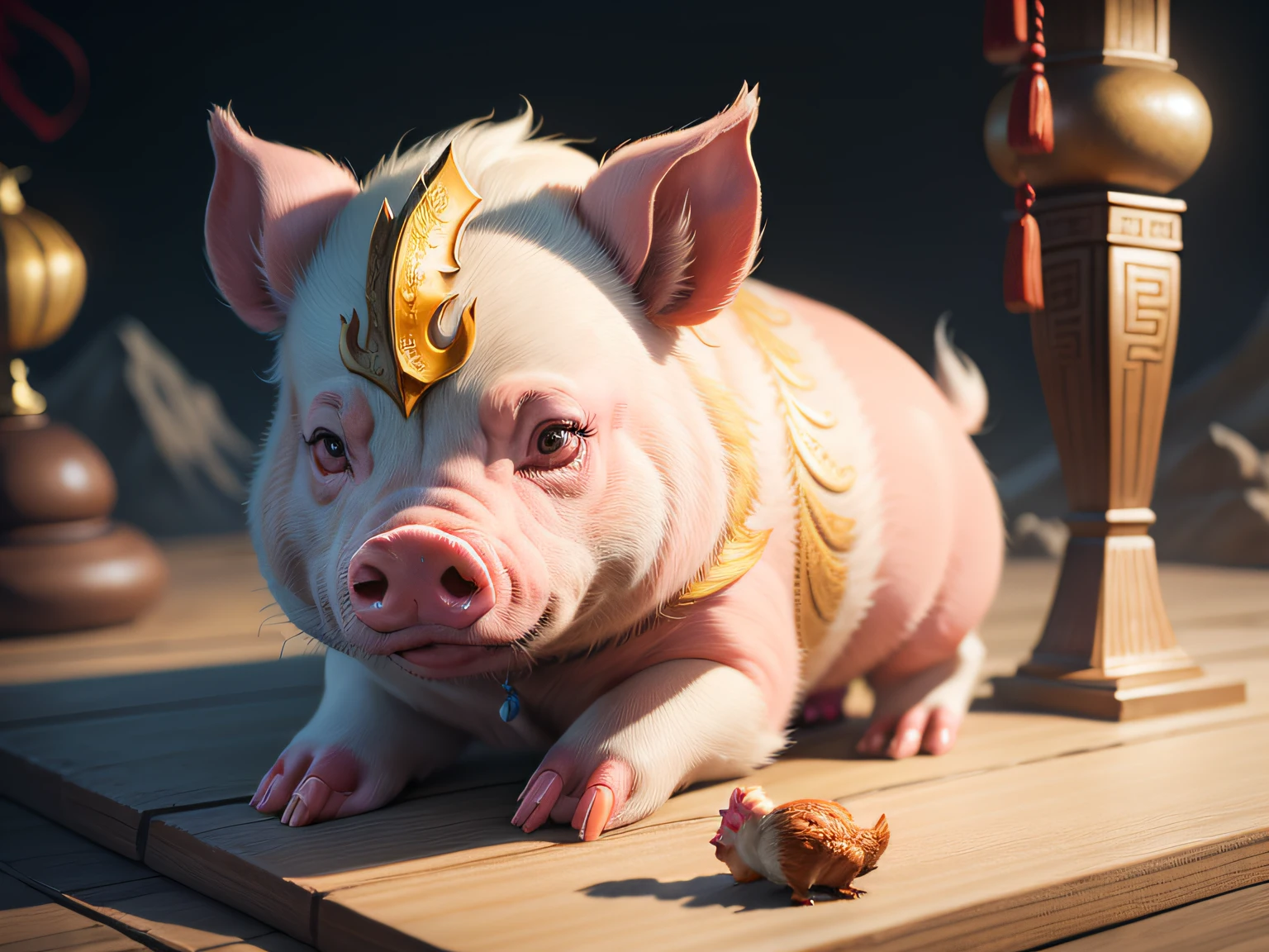 Chinese mythology and stories,Inspired by the Classic of Mountains and Seas,Close-up of a pig with chicken feet