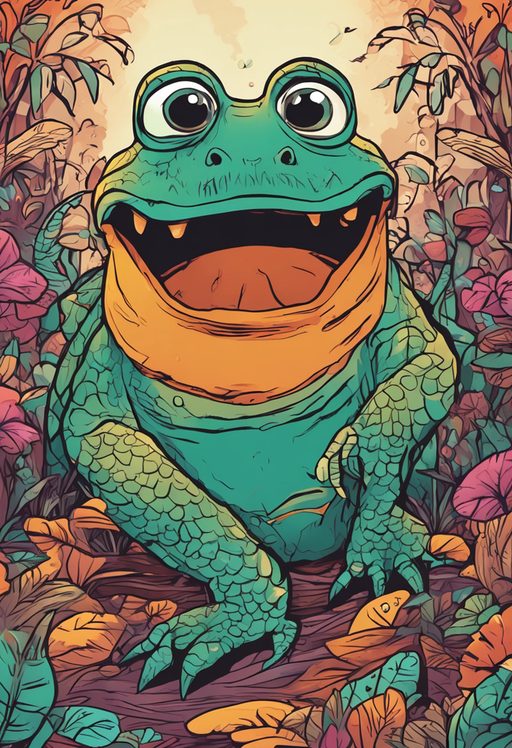 full-colour illustration, sapo como uma criatura semelhante ao ser humano, has a warm and friendly smile that lights up his face. His eyes are bright and full of curiosity, reflecting its playful and adventurous nature.