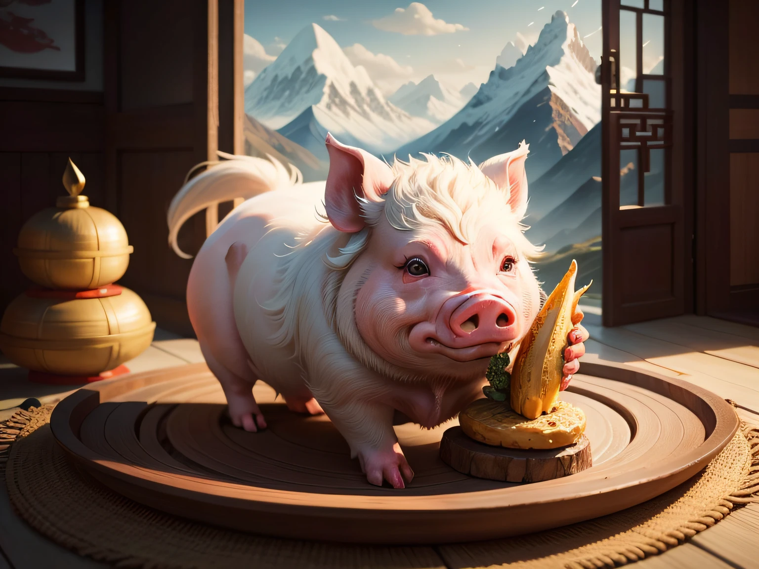 Chinese mythology and stories,Inspired by the Classic of Mountains and Seas,Close-up of a pig with chicken feet