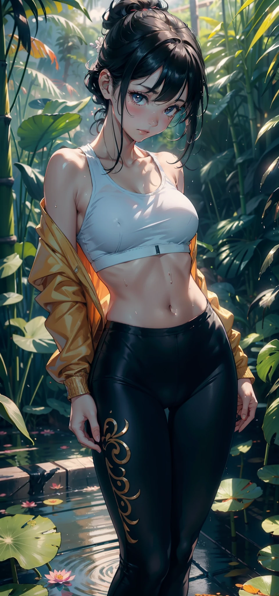 1female，Small ，Small breasts，独奏，（Background with：bamboo forrest，lotuses，lotus flower，exteriors，Lotus pond） She has short black hair，standing on your feet，Sweat profusely，drenched all over the body，seen from the front， hair straight， mostly cloudy sky，（（（tmasterpiece），（Very detailed CG unity 8K wallpaper），best qualtiy，cinmatic lighting，detailed back ground，beatiful detailed eyes，Bright pupils，Black eyes，（Very fine and beautiful），（Beautiful and detailed eye description），ultra - detailed，tmasterpiece，）），facing at camera，A high resolution，ultra - detailed），revealing breasts，Bare genitalia，  Bulge，legs are open，Raised sexy，Camel toes，Flushed complexion，Open-mouthed，frontage，elementary student（Wearing：black legging pants，Baseball jacket，fullnude，Gold wire embroidery，Naked of breast，Bare lower body，athletic sneakers）