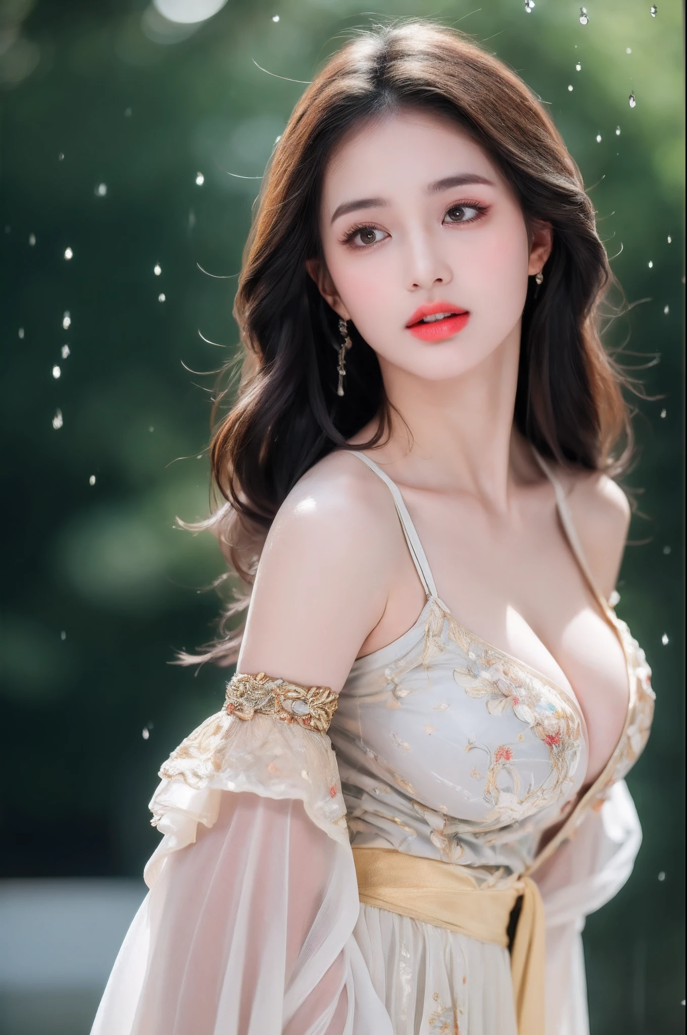 ((Best Quality, 8k, Masterpiece: 1.3)), Focus: 1.2, Perfect Body Beauty: 1.4, Buttocks: 1.2, ((Layered Haircut)), (Wet Clothes: 1.1), (Rain, Street:1.3), (Breasts: 1.2), (Hanfu: 1.2), Bare Shoulders, Bare Legs, Highly Detailed Face and Skin Texture, Fine Eyes, Double Eyelids, Whitened Skin, Long Hair, (Shut Up: 1.5), (Bokeh Background: 1.5), Big Breasts