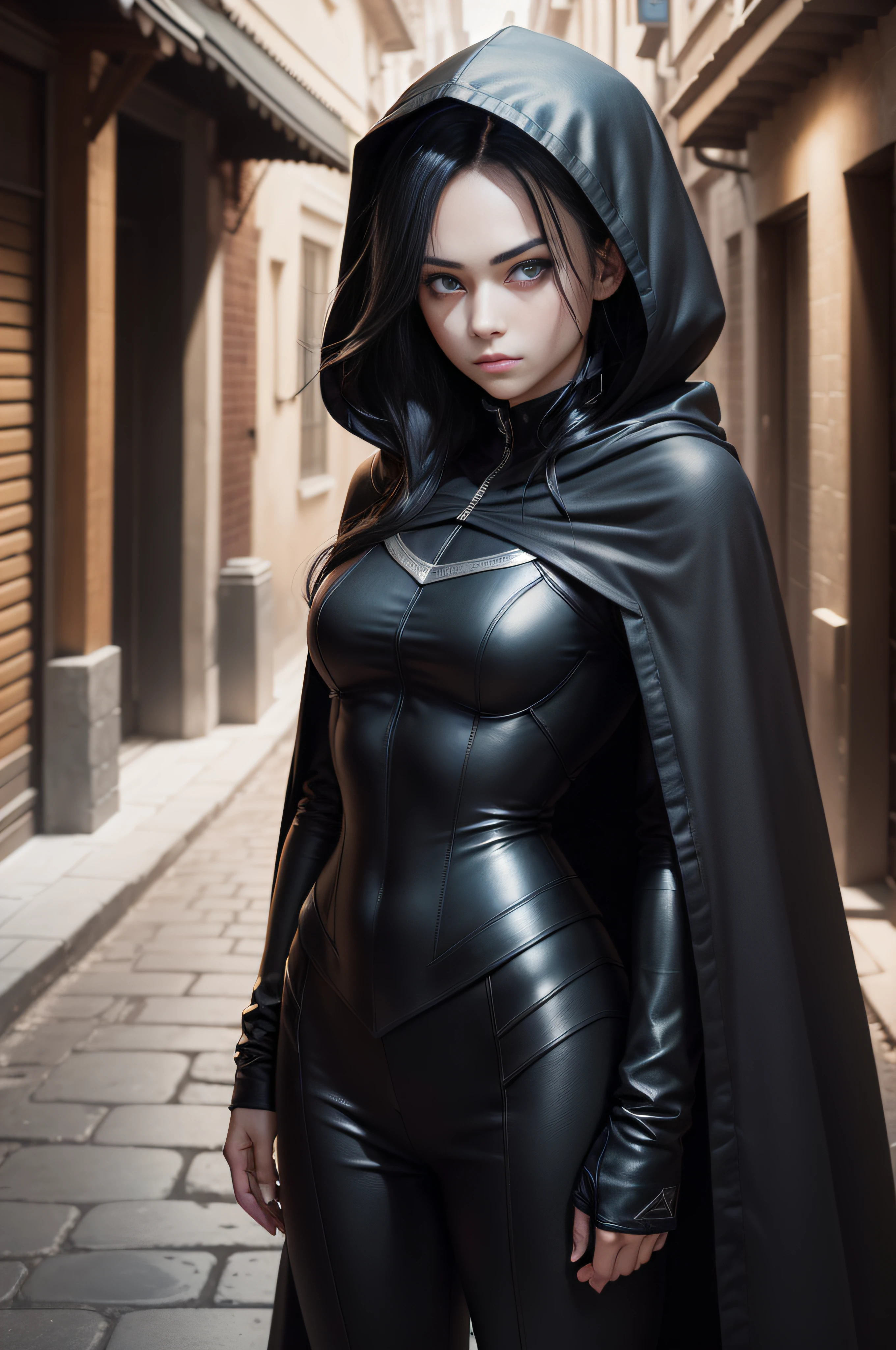 Woman, Thief, Thief, Assassin, Black jacket, Black cause, Black cloak, Black glove, Black boots, Black hood, Medieval city, Blue eyes, Black hair, Long hair, Serious face, No smile (RAW photo)(8k UHD )(DSLR)(a soft lighting)(high quality)(filmic grain)(Fujifilm XT3)(masterpiece, full body, Ultra High Quality, Photorealistic, Highly Detailed, Octane Rendering, Unreal Engine , HD 8K, Soft Cinematic Light, Hyper -detailed, hyper-realistic skin texture, best quality, ultra high resolution, smooth tones, look at viewer, realistic 3d anime)(human, female, white, pale skin, blue eyes, black hair, challenging look, serious look , serious face, no smile, Killer, Killer Suit, Rogue, Rogue, black suit, black cape, black cape with hood, black hood, long hair, very thin, ** years ***, black jacket, black pants)(((black hair))).