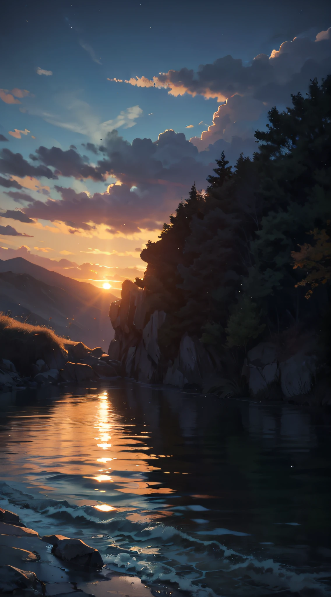 A boy,The evening breeze is long,Autumn water,Sunset on the mountainside,Gooseback Sun