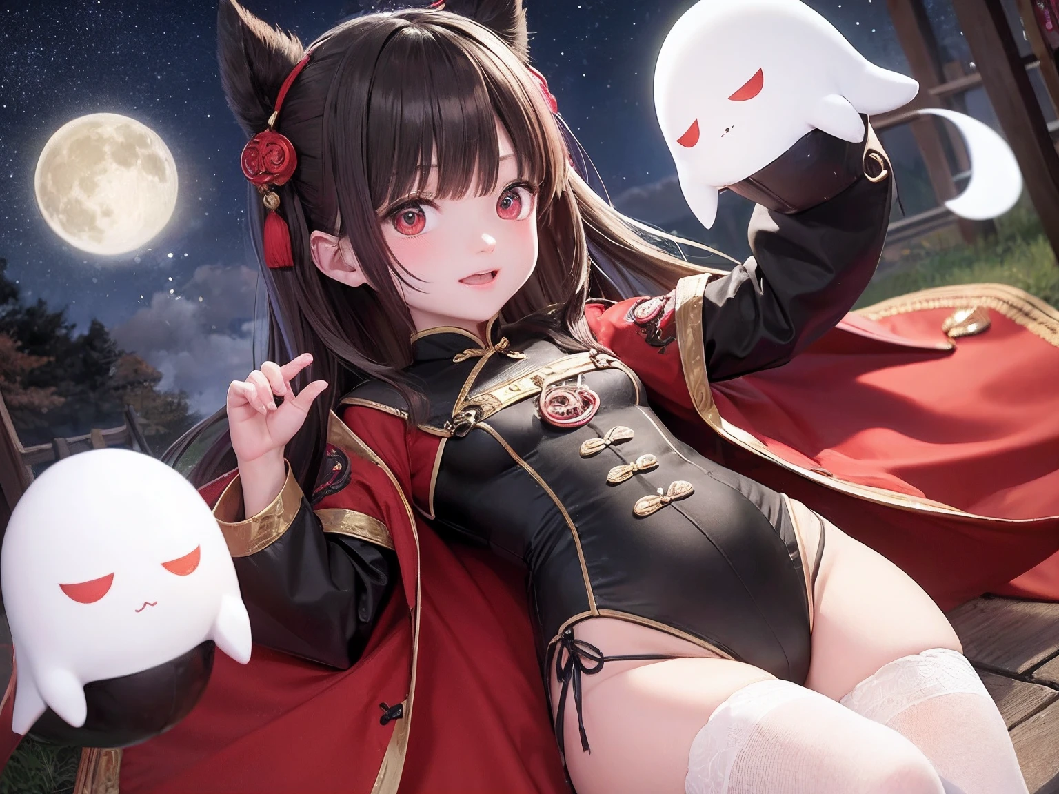1girll，asiagirl，deep in the night，themoon，crescent，mischievous，mischievous expression，Highlight the background，The smaller character, Brown Hair，Spell，Holding a talisman in his hand，the phantom，White Ghost，adorable expression，laughingly，night，Forest，Background with，Full of details，red color eyes，red pupils，Chinese costumes，Leaking out of the thighs，Plump thighs，whitestocking，Chinese Ghost Festival，Middle Metaverse，The mysterious aura of ghosts
